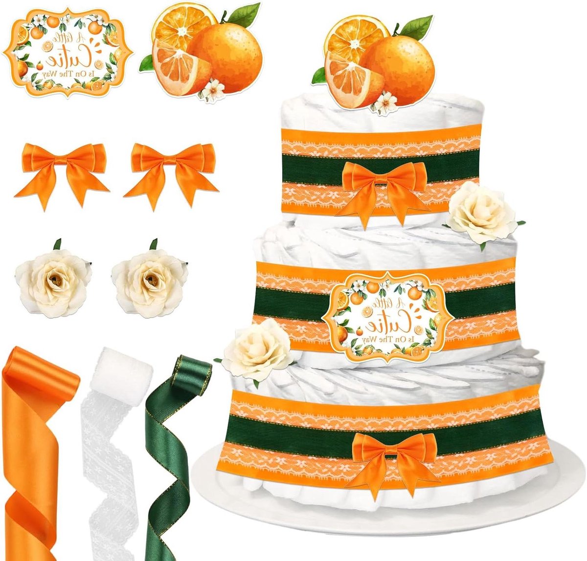 Luier Taart Decoratie Set - Babyshower Lint & Bloemen - Kraamcadeau Versieren - Levendig Oranje Thema