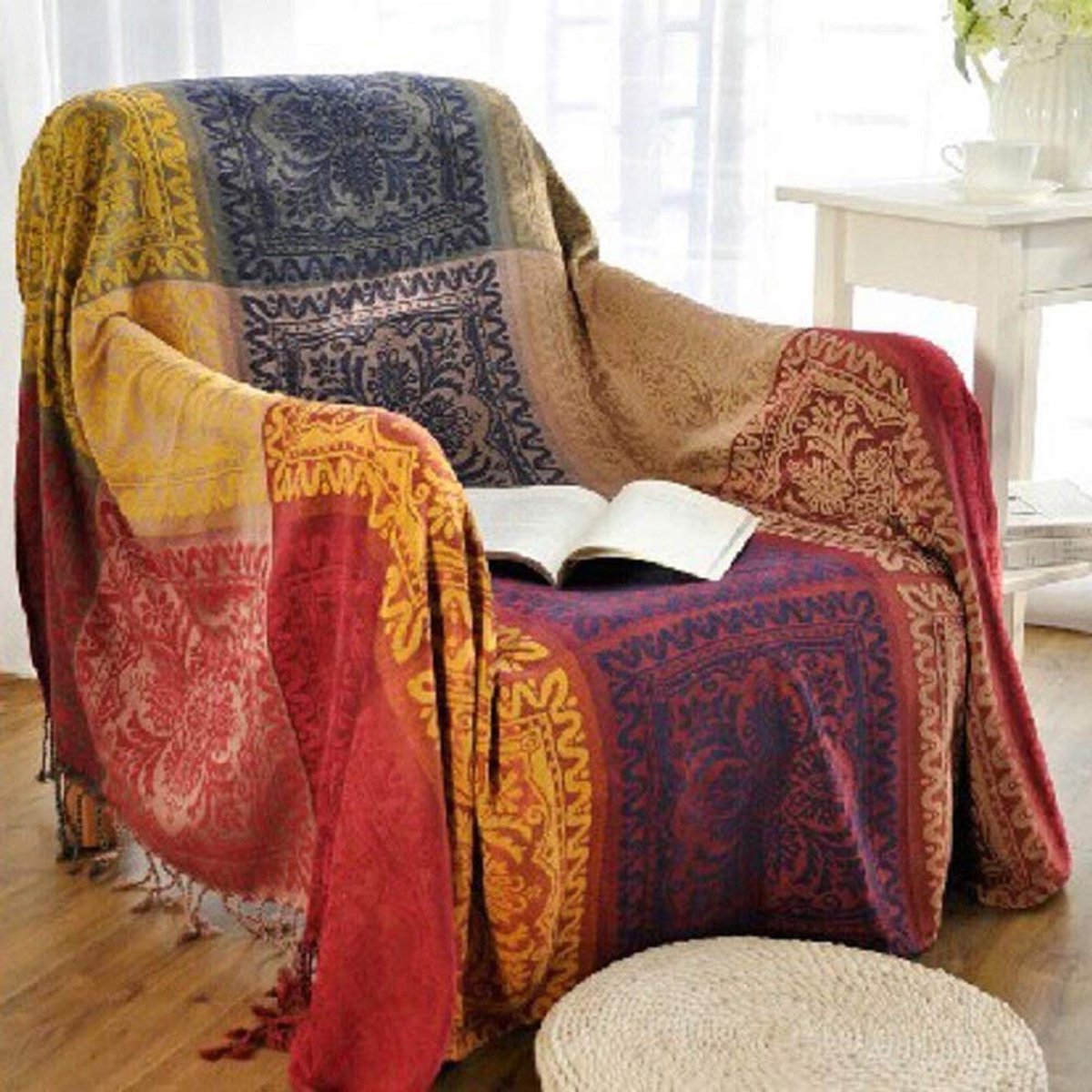 Plaids voor sofa, stoel, bed deken, chenille jacquard kwastjes plaid deken sofa stoel cover tafelkleed - kleurrijk tribaal patroon (rood, 220 cm x 260 cm)