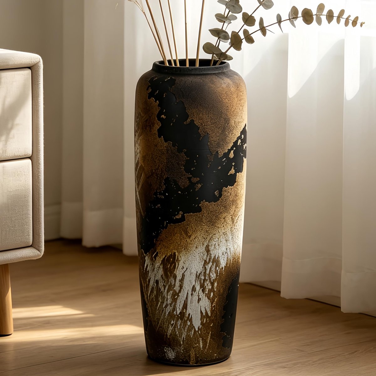 Grote rustieke keramische vloervaas, 50 cm, vintage boho-vaas voor woondecoratie, gestructureerde terracotta vaas voor woonkamer, plank of entree