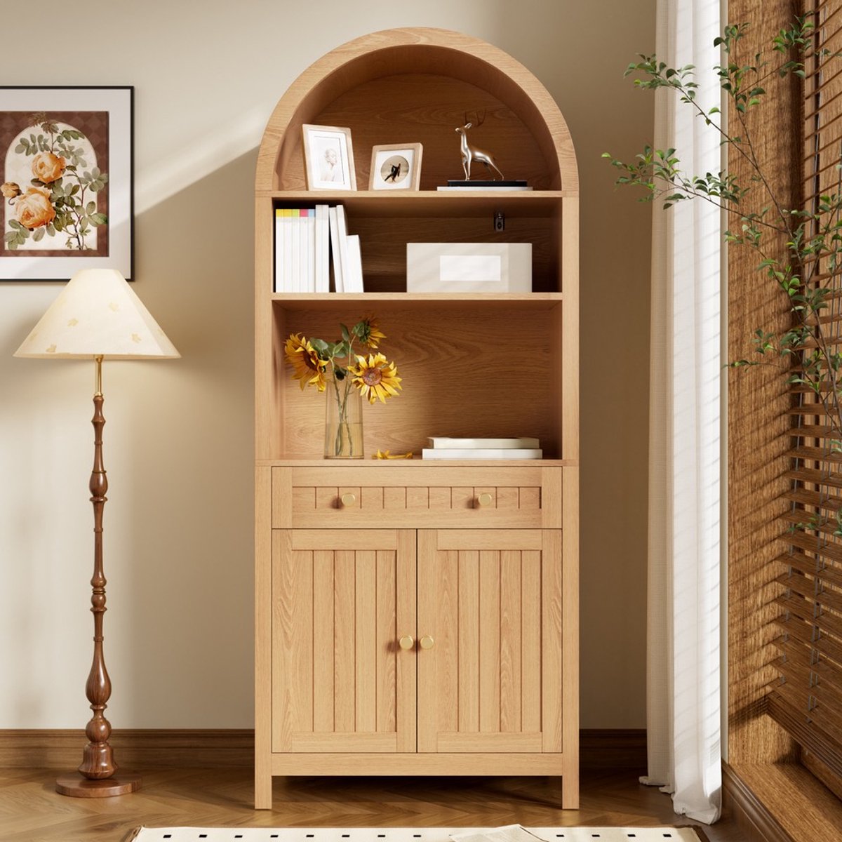 KOMHTOM Dressoir - Hoge Kast met Gebogen Voorkant - Dubbele Deuren - Kruidenplanken - Spaanplaat MDF - Woonkamer Keuken - Wit Bruin Zwart Grijs