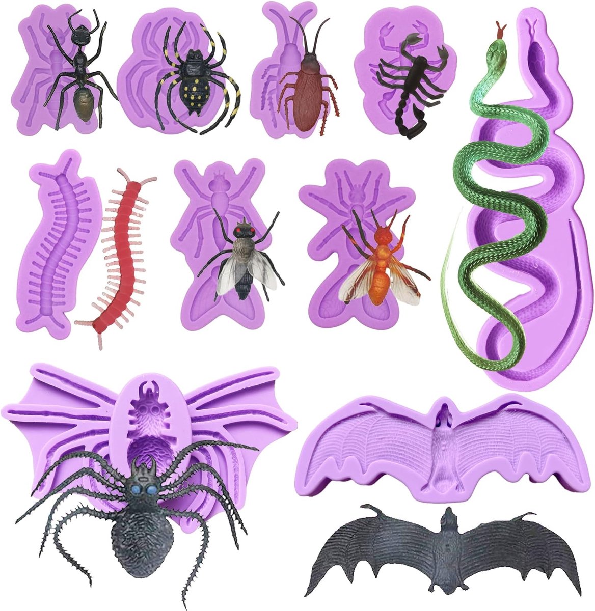 10 stuks siliconen fondantvormen, insectenrackets, slang, siliconen fondant, taartvormen voor knutselprojecten, cake, cupcake-decoratie