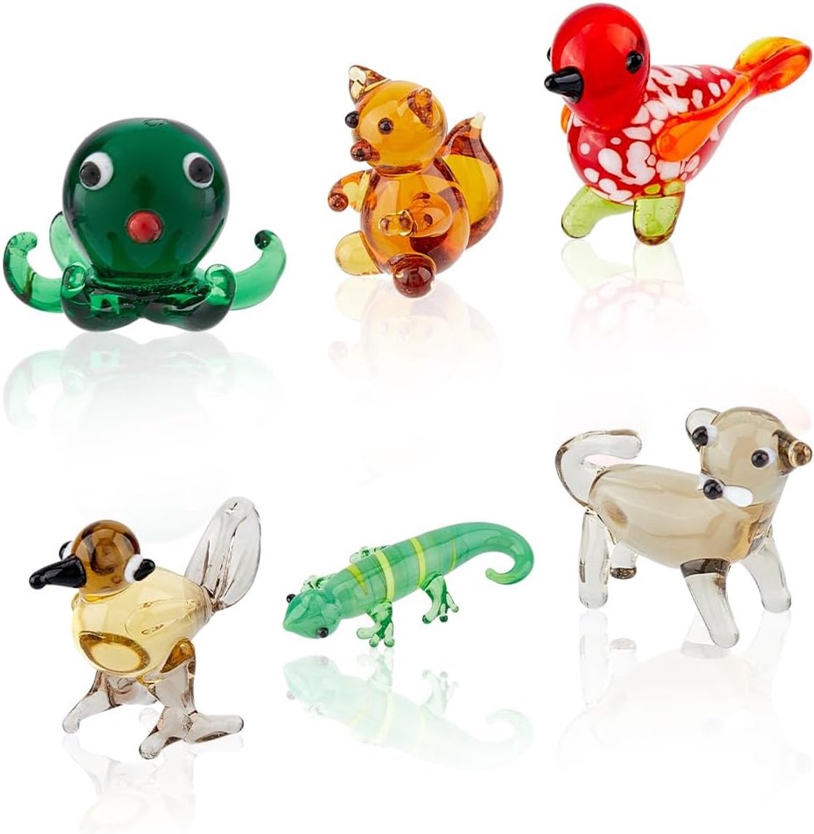 6 stuks handgeblazen glazen beeldjes miniatuur dier glas decor kleurrijk glas vogel octopus kat kameleon eekhoorn display decoraties voor thuiskantoor verzamelgeschenken