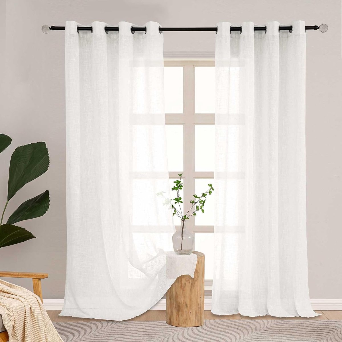 Gordijnen Kort Modern, Off-White Gordijnen met Oogjes Halftransparent, Linnen Gordijnen voor Slaapkamer Ramen Woonkamer, 2-delige Set Vitrage Gordijnpanelen in Linnenlook, 145 cm Lang, 190g/m²