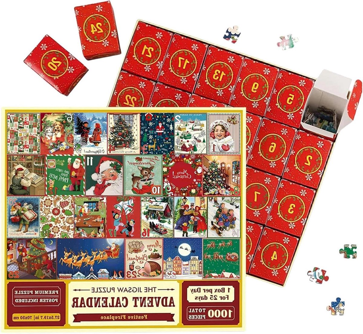 Kerstpuzzel Kalender - Adventspuzzel Vakantie - Dagen Tellen - 1000 Stukjes - 70 x 50 cm - Kerstkleuren