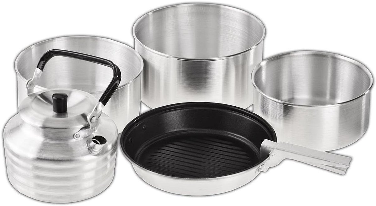 Camping Kookset - Kampeer Kookgerei - Outdoor Koken - Antiaanbaklaag - 5-delig - Zilver