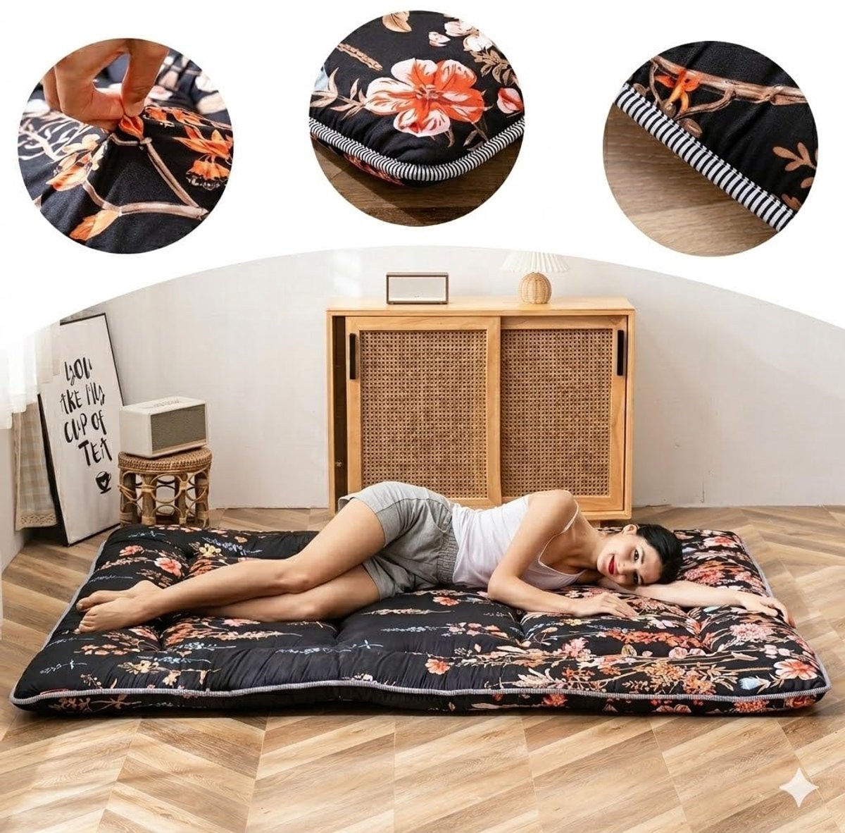 Japanse vloermatras, futonmatras, dikke tatami-mat, isomat, opvouwbare oprolmatras, slaapzaal, matrasoplegger, vloerligstoel, kussen, bed (zwart bloemen, 135 x 190 cm)