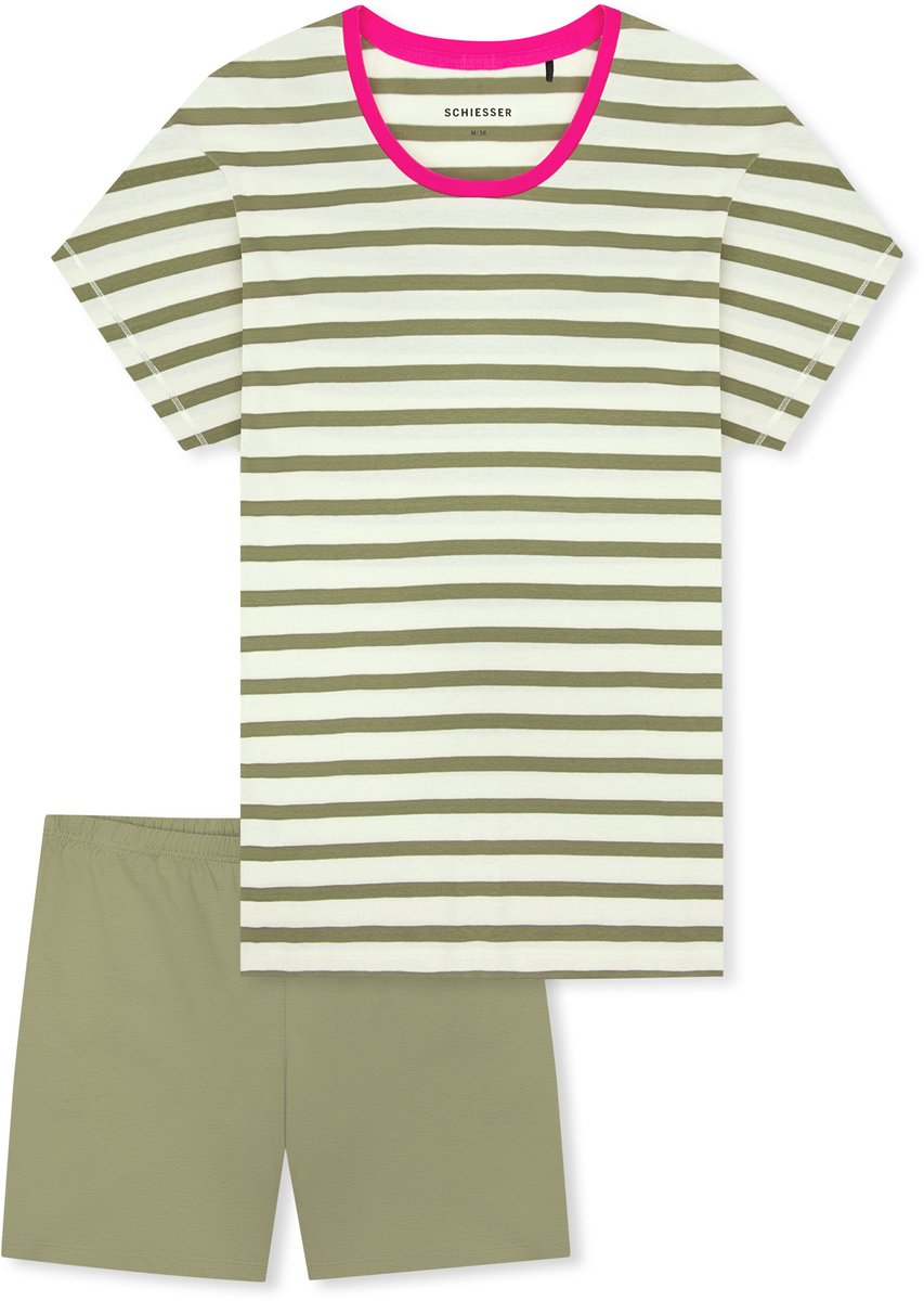Schiesser dames shortama 100% katoen - Casual Essentials - Zomer pyjama korte broek en korte mouwen - 48 - Creme