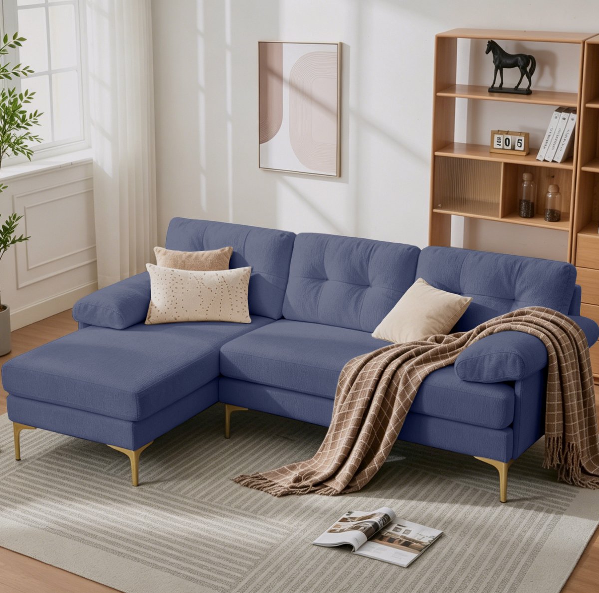 STILVORA Hoekbank 187,5 Cm - 3-Zits Met Omkeerbare Chaise Longue En Gevoerde Armleuningen - Voor Woonkamer - Chenille Blauw