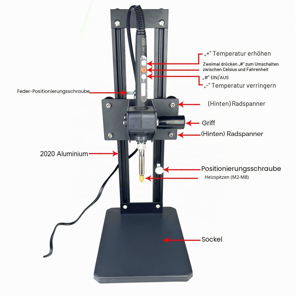 Warmtepersmachine - Warmteset Inzetgereedschap (Inzethoogte 410mm) met Warmteset Tips M2-M8 plus Messing Metrische Geribbelde Moeren voor Schroefdraadinzetstukken voor Kunststof en