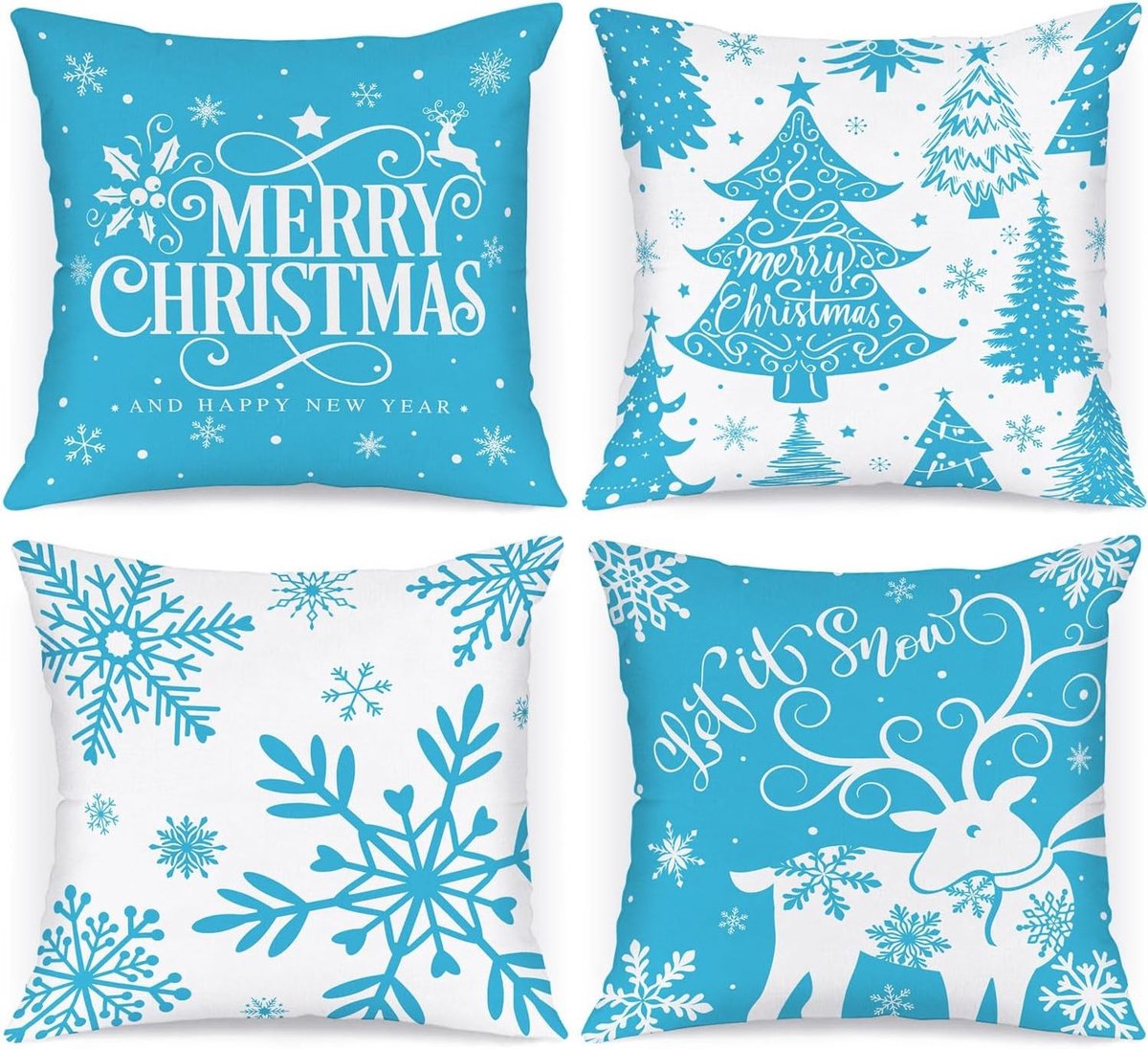 Set van 4 Decoratieve 45x45cm Kerst Kussenslopen met Sneeuwvlokken voor Binnengebruik, Ideaal voor de Bank en Winterdecoratie in Lichtblauw