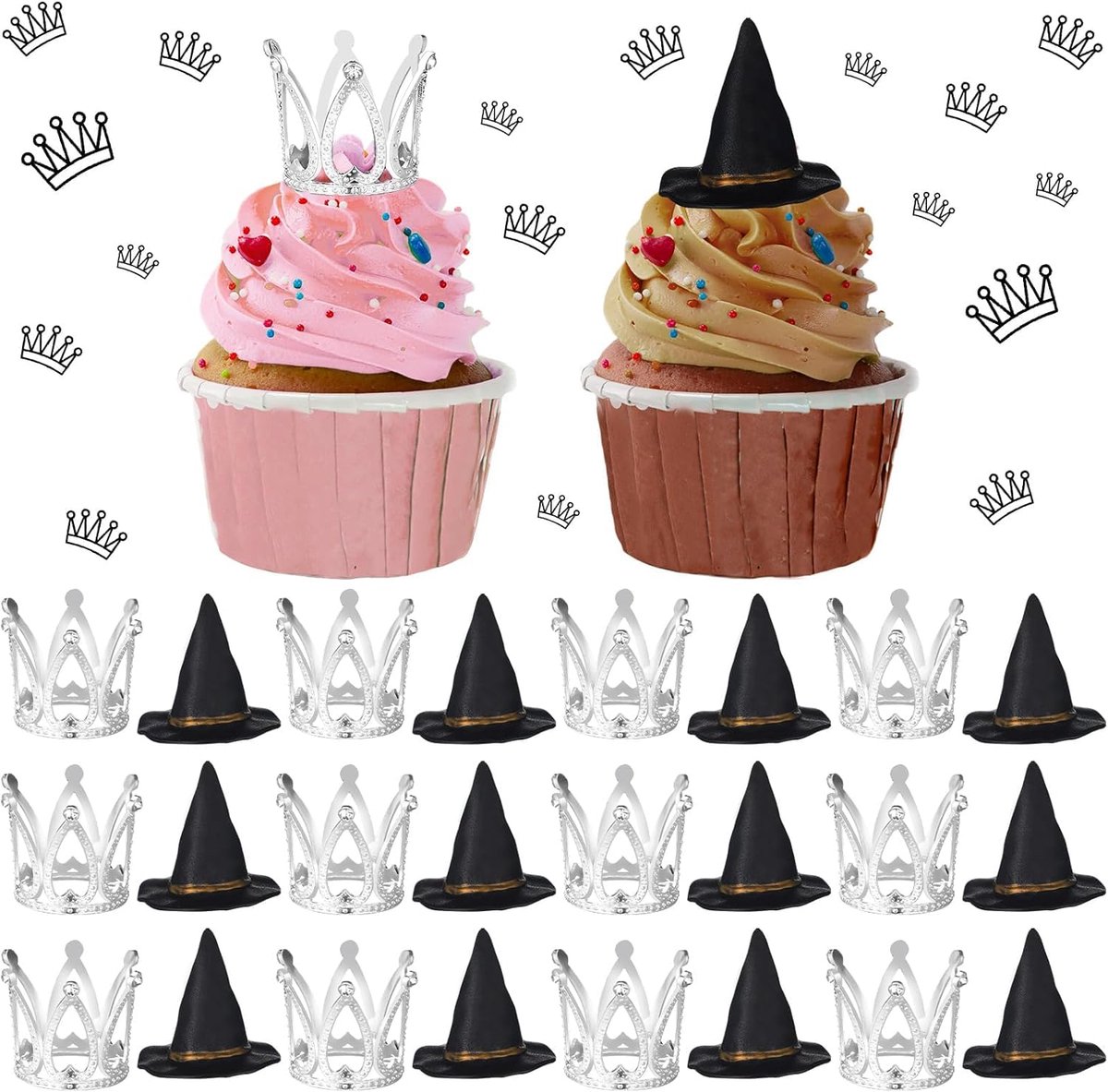 24 stuks heksenhoed, kroon, taarttoppers, boze heksen, taartdecoratie, cupcake-opzetstukken voor Halloween, verjaardag, prinsessen, themafeesten, bruiloft