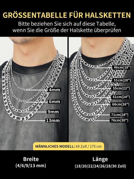 4/6/9/13 mm figaroketting, modieuze halsketting van roestvrij staal, zilver/18k verguld/zwart, coole halsketting (35,5 - 76 cm) voor modellen / hip pop rapper/dames en heren — afbeelding 4