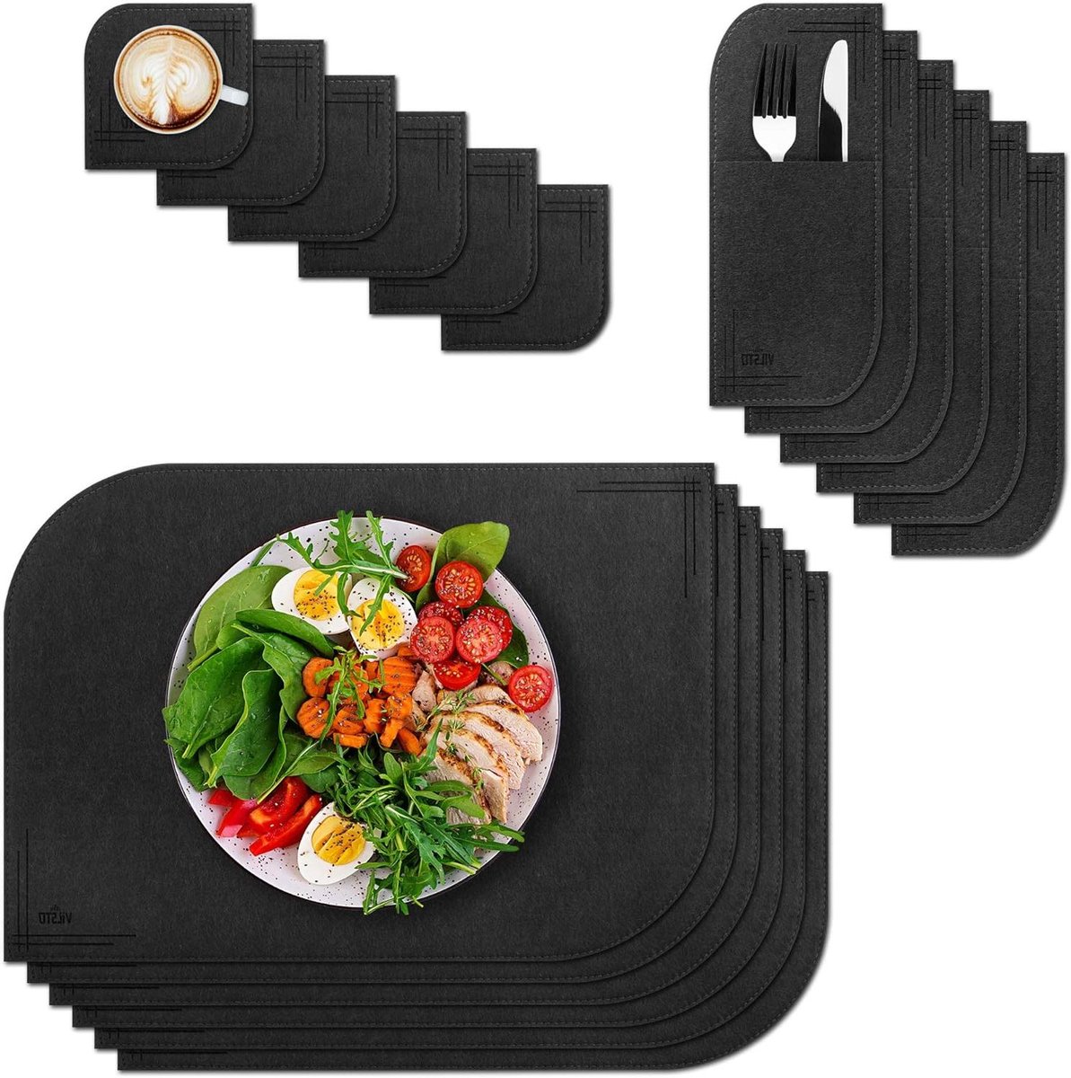 Placemats Set - Eetmatten Tafel - Tafel Beschermen - Antislip Vilten Materiaal - 43 x 30 cm - Donker Grijs