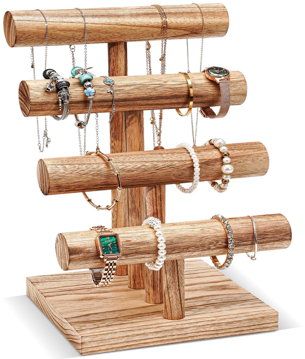 4 etages T-vormige armbandhouder van hout, afneembare armband, sieradenhouder, armbanden, display, vintage armbandstandaard, horlogestandaard, opslag voor armbanden, haarklemmen, horloges,