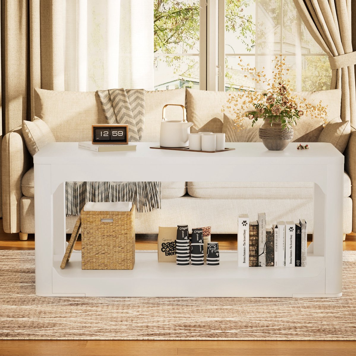 MIVRAY Salontafel - Tweelaags Opbergdesign Met Dikke Tafelplaat - Voor Woonkamer En Slaapkamer - MDF - 100x50x44,5 Cm - Wit