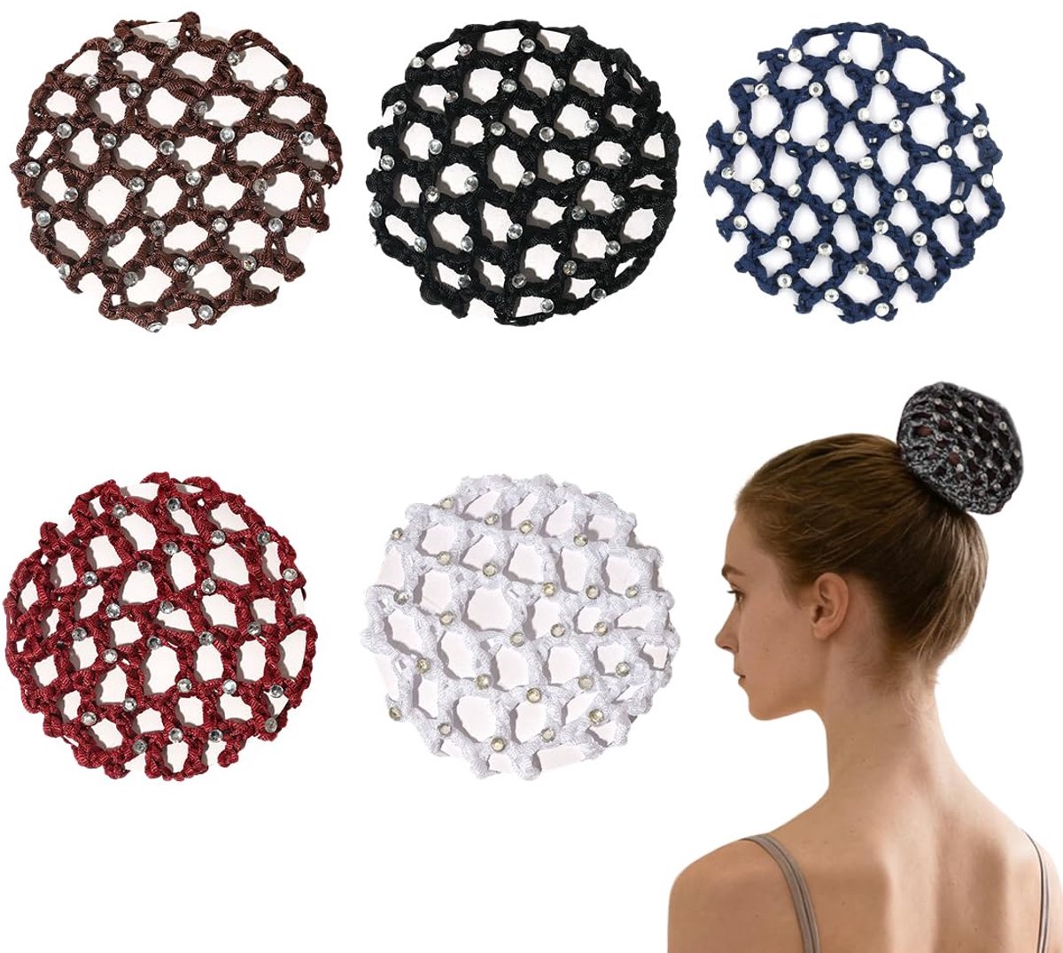 5 stuks haarknoopnet, haarkussens, haarkussens, kapselhulp, knopen, stof, voor ballerina, gymnastiek, verpleegsters, bankpersoneel (meerkleurig)
