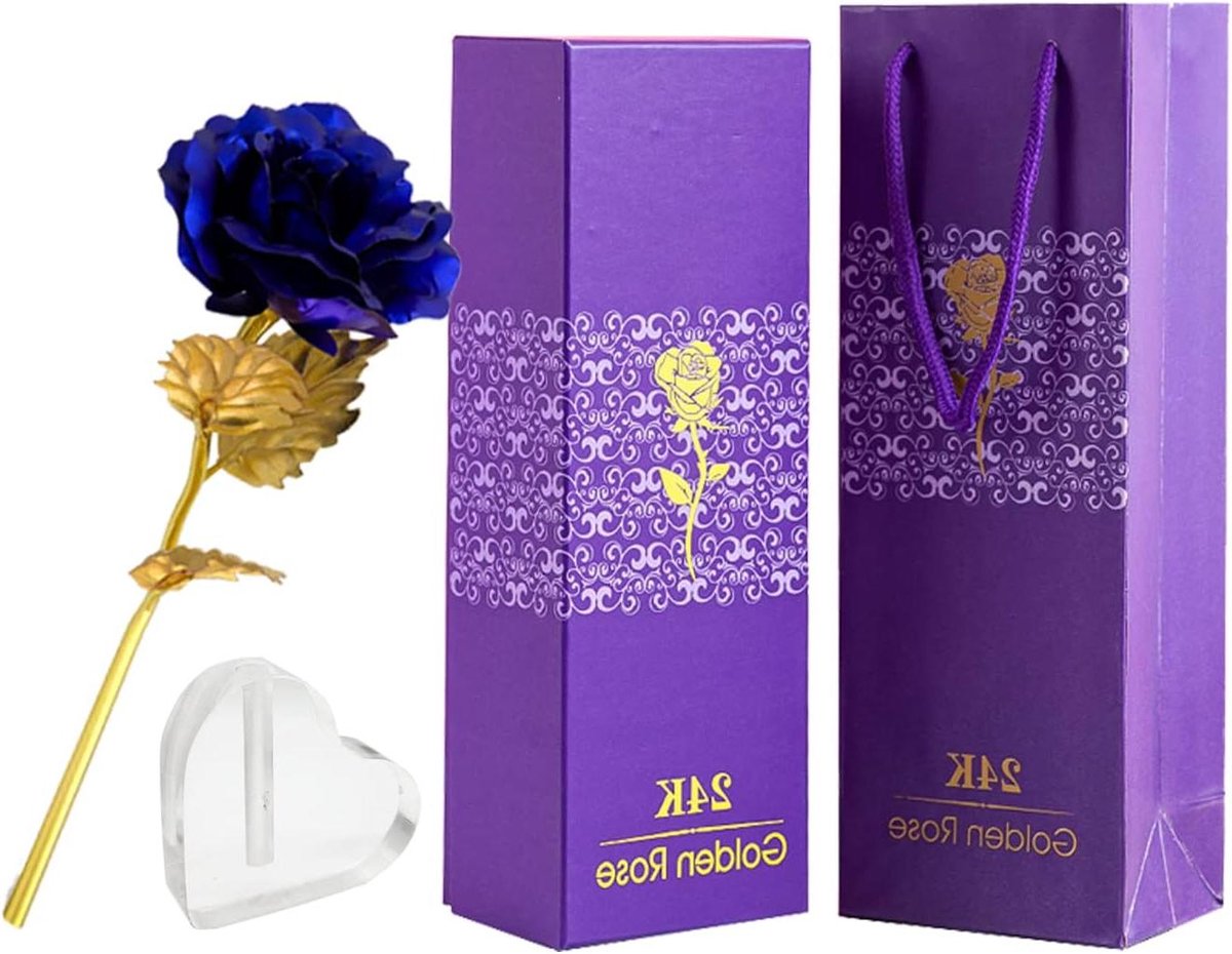 Gouden Roos - Eeuwige Bloem - Cadeau Geven - 24 karaat verguld - 24 cm - Blauw