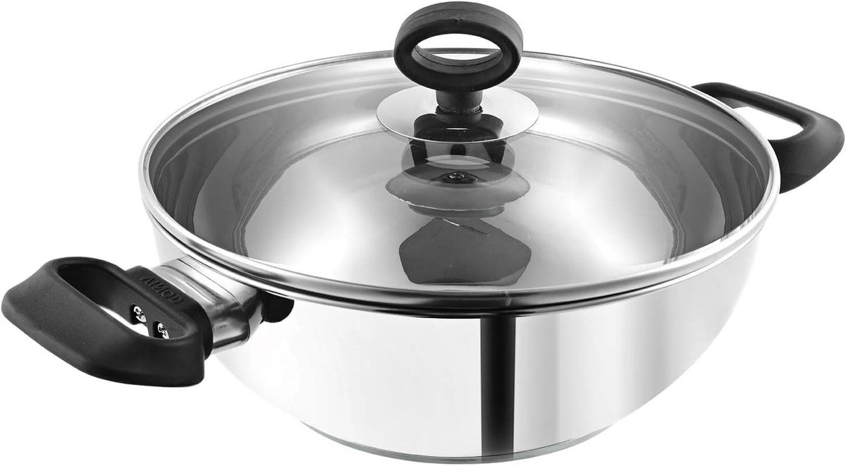 Inductie Wokpan 24 cm met Glazen Deksel, 2.8 L, Roestvrij Staal