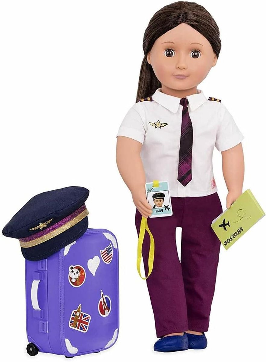 Pilotenpop met Accessoires - Vliegtuigpop Meisje - Reisspel Pret - Zacht Lichaam Beweegbaar - 46 cm - Multicolor