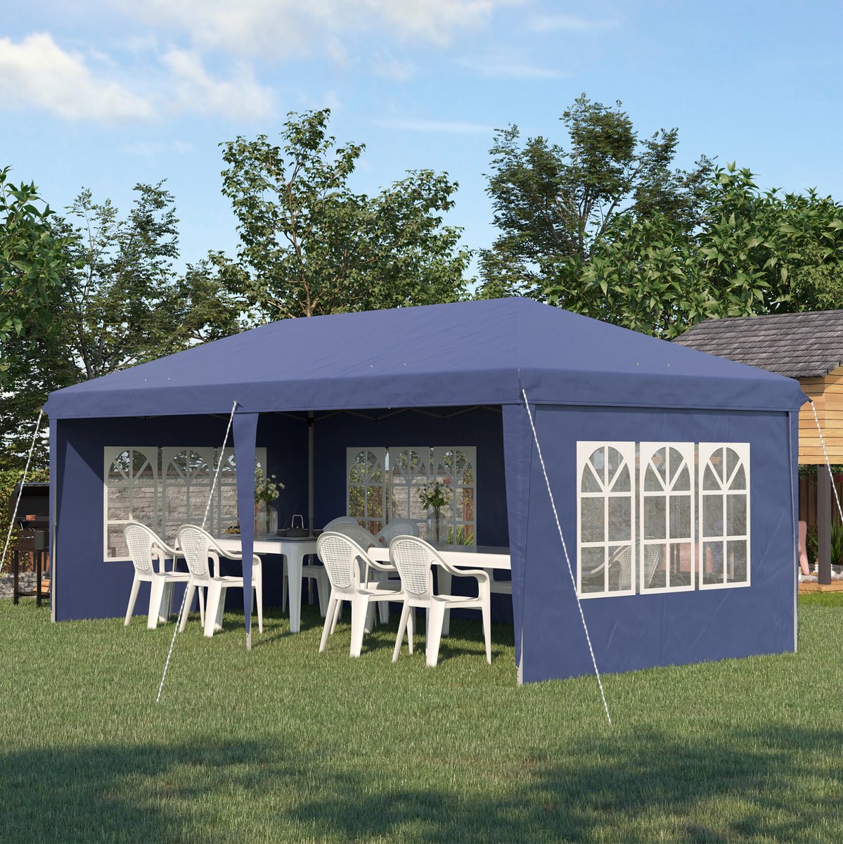 MEUNIQ partytent paviljoen 5,85 x 2,95 m met afneembare zijwanden, ramen, UV-bescherming, stalen frame en draagtas voor tuinfeest en buitengebruik, blauw
