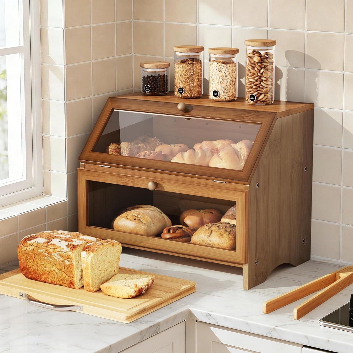 Bamboe Broodbak - Dubbeldekker Doos - Brood Vers Houden - Met Snijplank - 39 cm Breed - Bruin