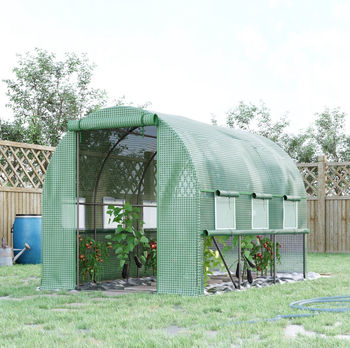 MEUNIQ Kweektunnel 295 x 200 x 200 cm met 6 oprolbare ramen, PE-folie met UV-bescherming en stalen frame voor planten, groenten en kruiden in de tuin