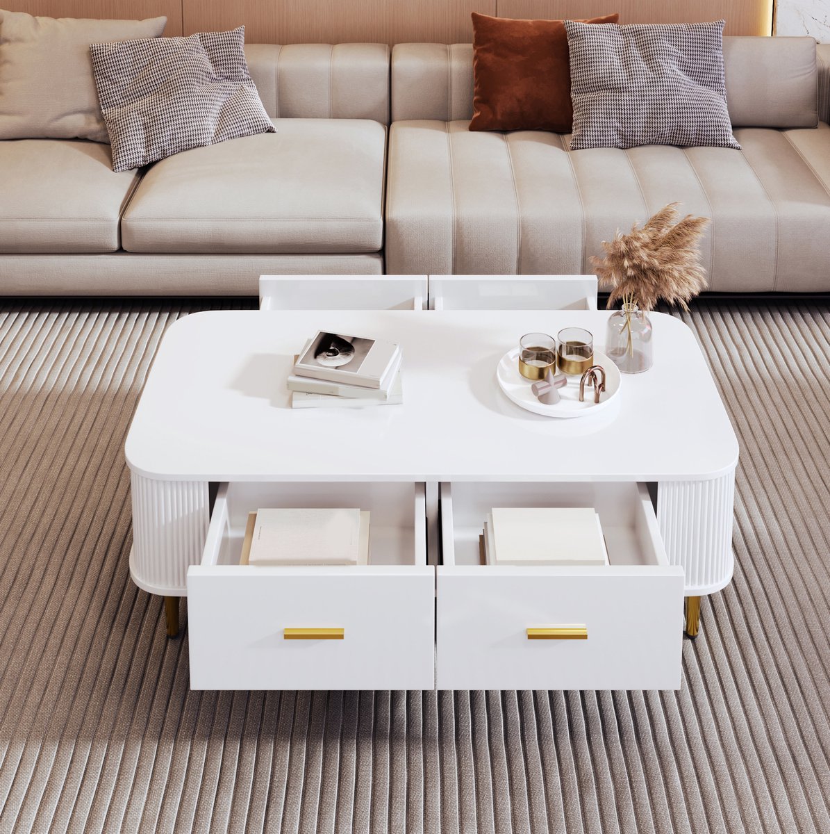 HAUSS SPOLE Salontafel - Met 4 Lades En Afgeronde Hoeken - Voor Woonkamer Met Modern Design - MDF - 105x51x38 Cm - Wit