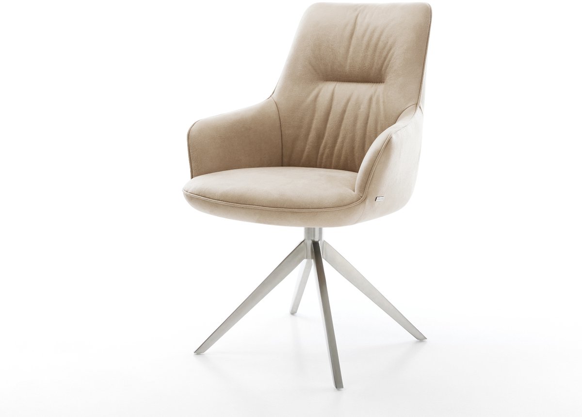Eetkamerstoel Zelia-Flex met armleuning kruisframe breed roestvrij staal microvelours beige vintage 360° draaibaar rocker-functie pocketveer kern