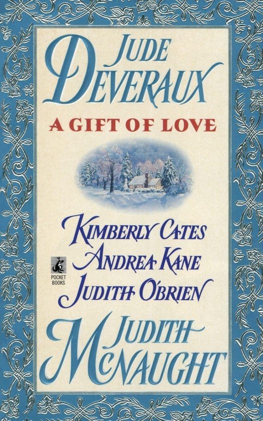 Boek kaft met blauwe sierrand, titel 'A Gift of Love' door Jude Deveraux. Midden afbeelding van winterlandschap.