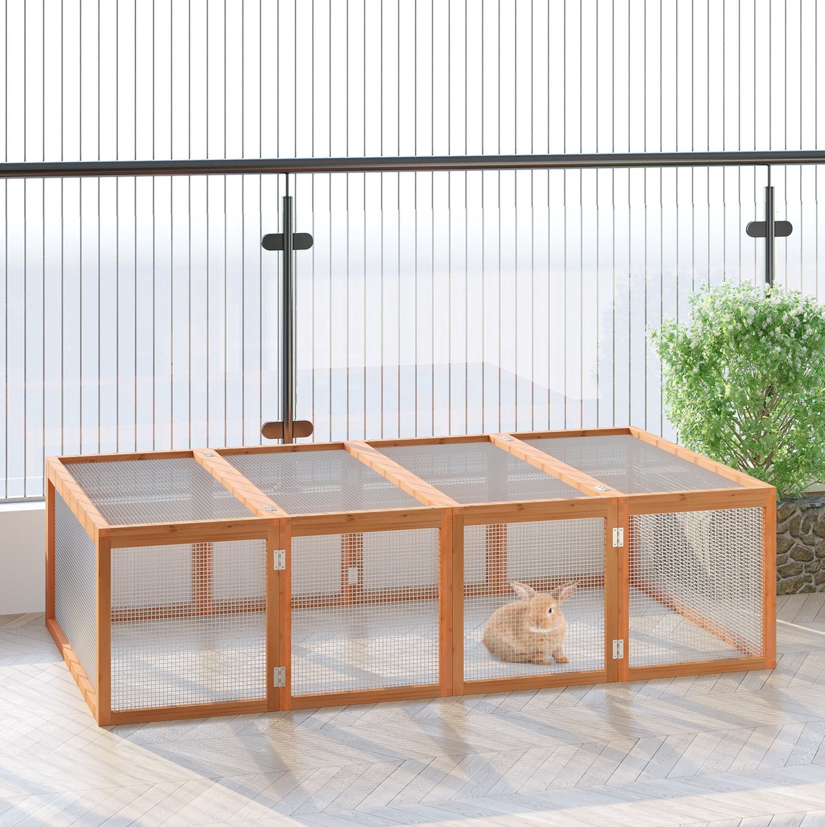 QUANTRIX LEAP S.R.L. MEUNIQ Freilaufgehege voor knaagdieren 181 x 100 x 48 cm met 2 openklapbare deksels, houten ren met gaas voor buiten en tuin, naturel