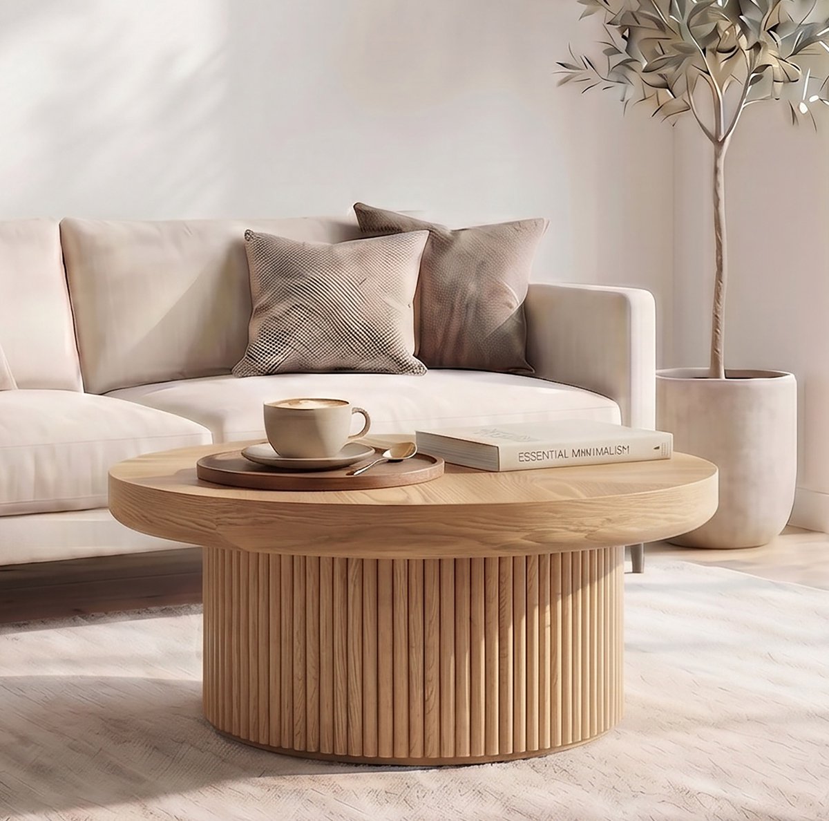HAUSS SPOLE Salontafel - Ronde Koffietafel Met Parketpatroon - Voor Woonkamer En Kleine Ruimtes - Houtlook - 78x78x38,5 Cm - Naturel Natural Wood