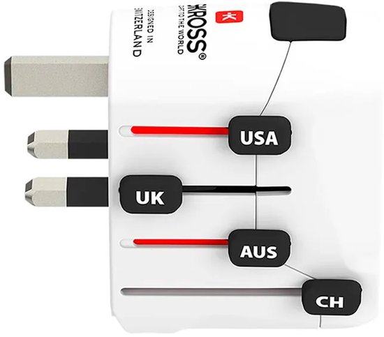 Wit reisadapter met uitschuifbare stekkers voor USA, UK, AUS, CH. SKROSS logo.