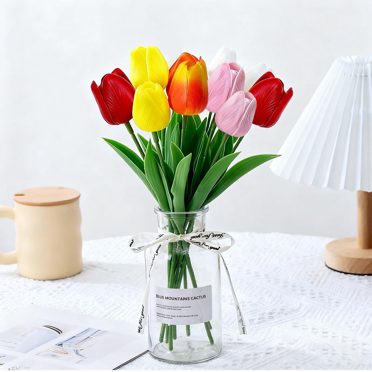 Kunsttulpen in meerdere kleuren, complete bloementaal (2 oranje, 2 wit, 2 rood, 2 roze, 2 geel), levendige decoratie voor thuis, kantoor en feestjes