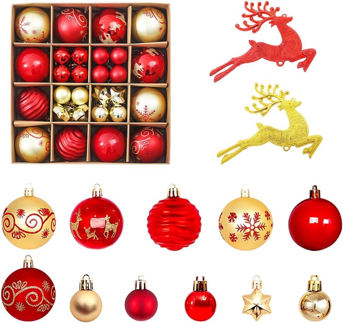 Kerstballen, rood en goud, 46 stuks, kunststof kerstballen, plastic set met hertenhanger, kerstballen, decoratie