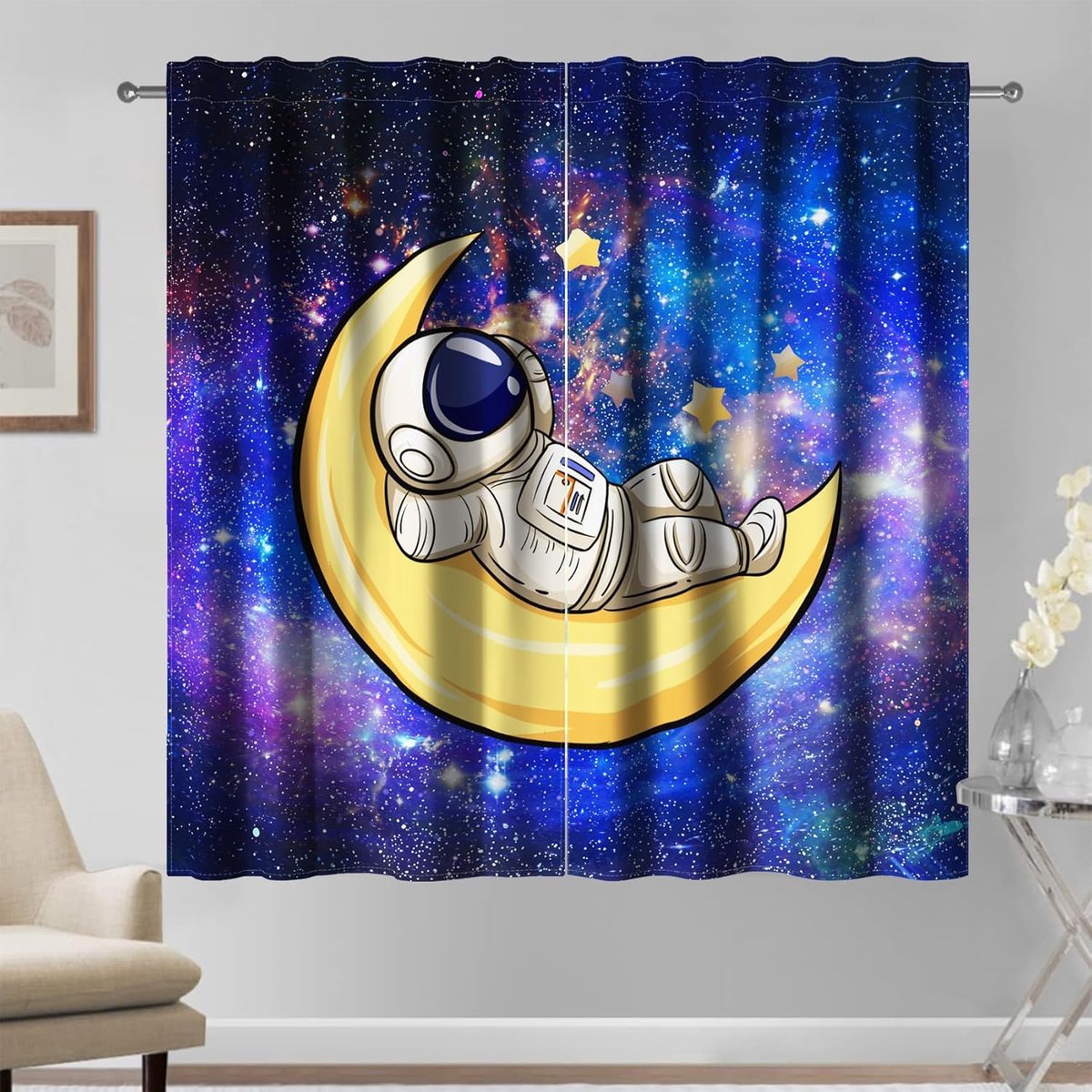 Panelen, blauw universum, astronaut, slaap in de maan, schattige dromerige verduisteringsgordijnen voor kinderen, jongens, meisjes, slaapkamer, kinderkamer