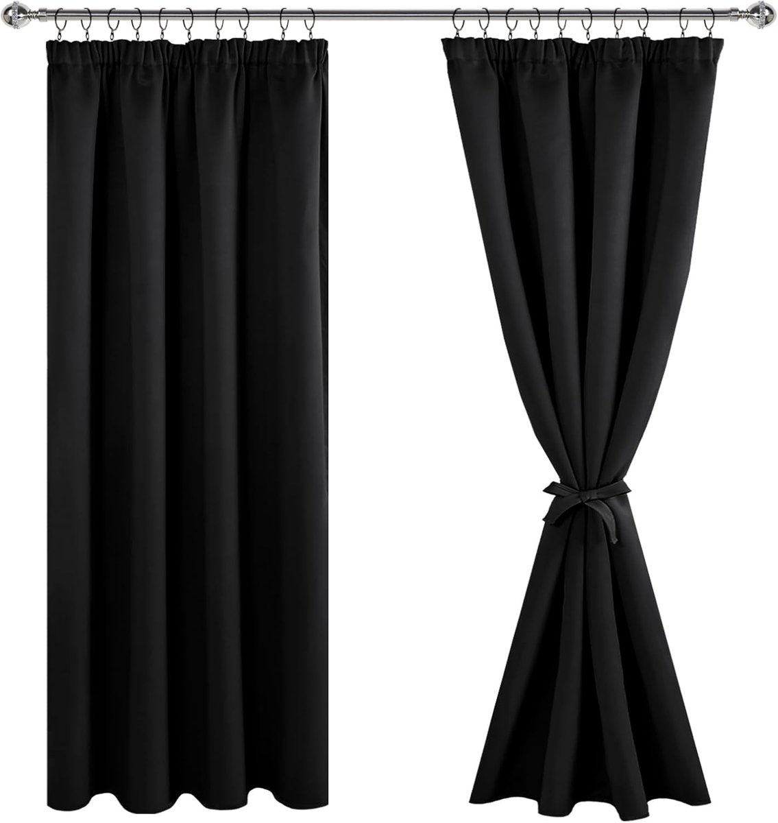 Gordijnen met plooiband, verduisteringsgordijnen, ondoorzichtige gordijnen, woonkamergordijnen, slaapkamer, thermische gordijnen, zwart, H 175 x B 140 cm, set van 2