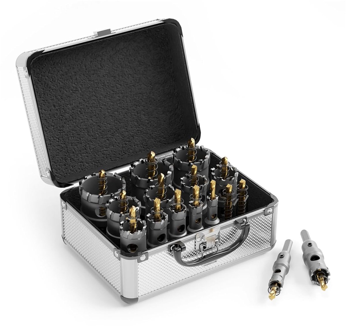 Hoogwaardige hardmetalen gatenzaag, 14 stuks, TCT gatenfrees, met 2 x extra titanium gecoate pilot-centerboren en 2 x L-sleutels. Roestvrij staal en metalen roosters zijn de ideale keuze