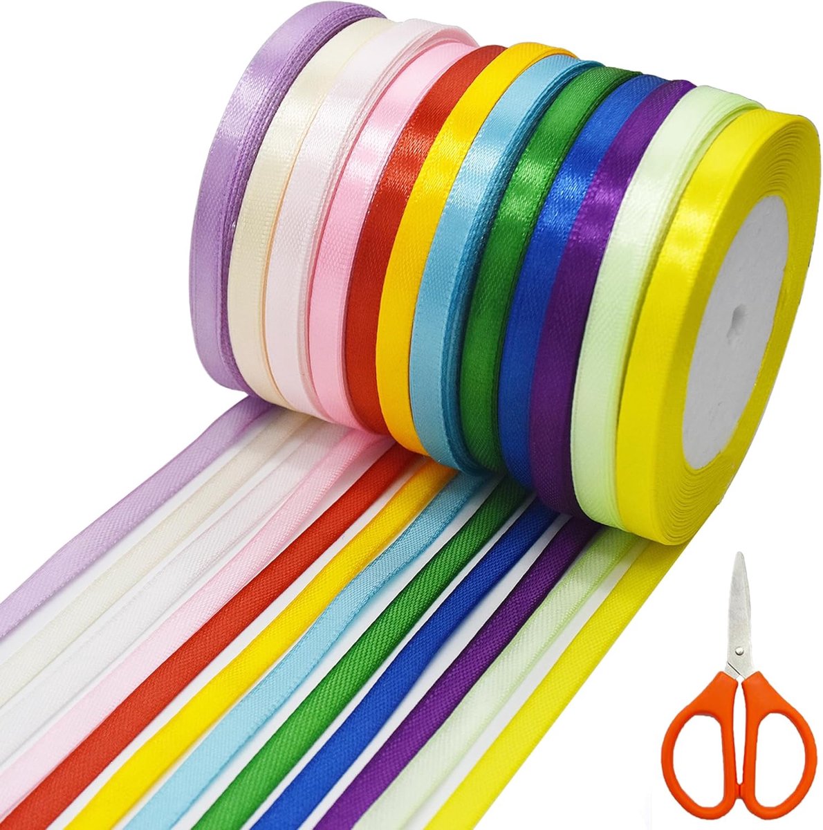 Satijnen lint, 12 stuks, polyester, cadeaulint, 12 kleuren, 6 mm x 20 m, decoratieve lint voor bruiloft met schaar, zijden linten, kleurrijk, voor doe-het-zelf handwerk, geschenken,