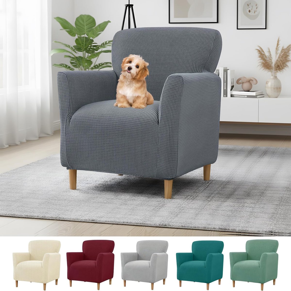 Fauteuilhoes, stretch van zachte gebreide stof, elastische fauteuilhoezen, stretch voor woonkamer, wasbare overtrek voor clubstoel en oorfauteuil (donkergrijs)