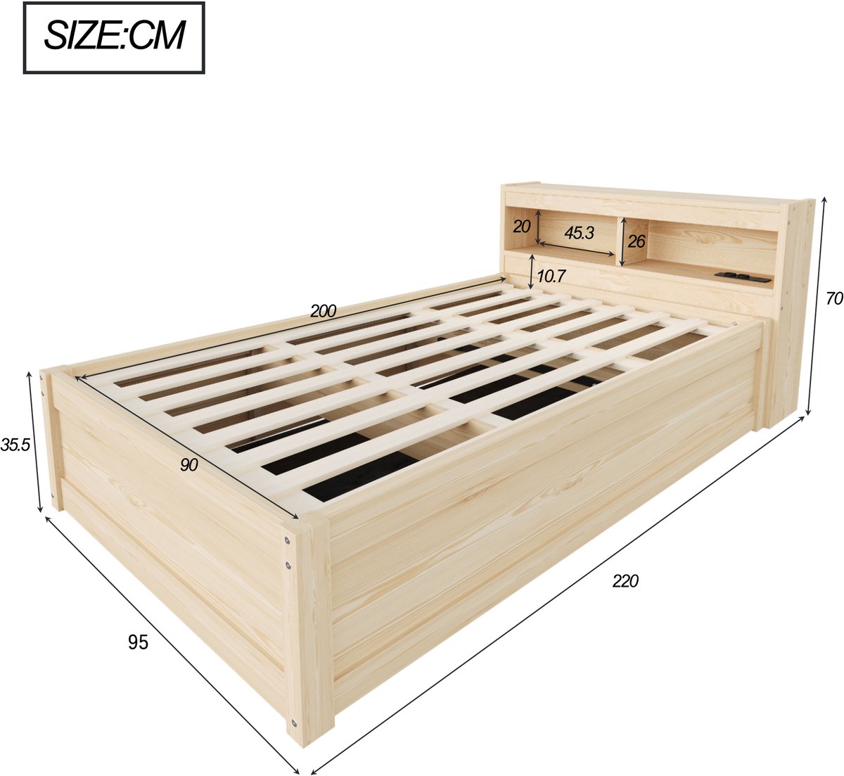 Merax Slaapbank 90x200 cm - met stopcontact en opbergruimte - met LED-verlichting - houtkleur - zonder matras