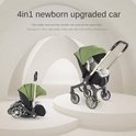 Legergroene kinderwagen naast een opgevouwen versie, met de tekst '4-in-1 nieuwgeboren opgewaardeerde auto'.