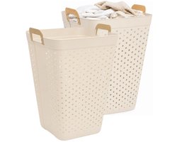 5Five zeer ruime wasmand Kolos - 2x - beige - 74 liter - 44 x 64 cm - kunststof - wasbox - mand voor wasgoed - badkamer - met handvatten