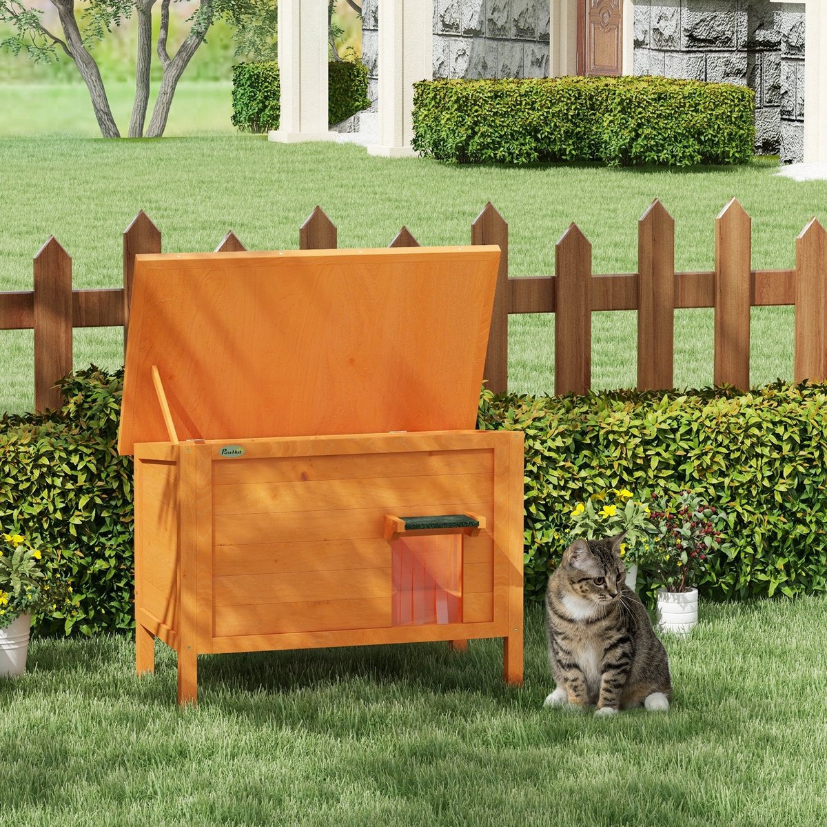 MEUNIQ Kattenhuis outdoor 85 x 50 x 68,5 cm met isolatie, opklapbaar dak, uitneembare bodem, deur met gordijn en verhoogd ontwerp, oranje