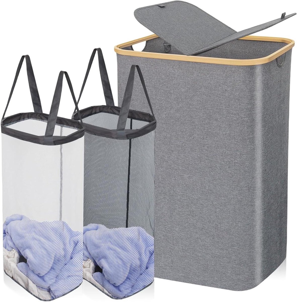 Grote wasmand - Wasopberger met tas - Kleding sorteren - Innovatieve afneembare tas - 160 liter - Grijs
