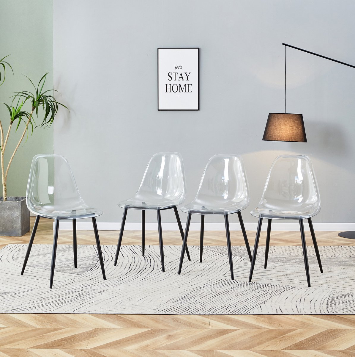 DESMIU Eetkamerstoel Set van 4 - Transparant Kunststof - Zwart Metalen Onderstel - Voor Eetkamer, Keuken En Kantoor - Modern - Transparant En Zwart
