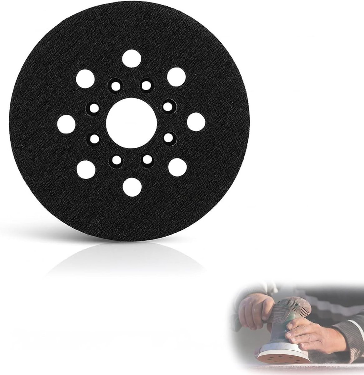 125mm schuurplaat met 17 gaten en zwarte rubberen buffer voor orbitale schuurmachines, geschikt voor diverse modellen, duurzaam en efficiënt schuren