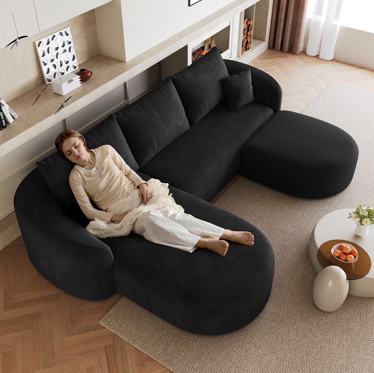 FloraGrace U-Bank 266 cm – 5-Zits Modulaire Hoekbank Zonder Montage – Zachte Chenille Look Voor Woonkamer of Slaapkamer – Stof – Zwart