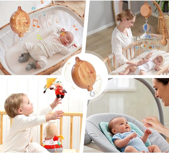 Mobiel Speeldoos, Elektrisch Baby Speeldoos met Houtlook, Baby Bed Mobiel Muziekdoos, Muziekdoos Bedbelletjes, Bedbelletjes Hanger voor Babybed Decoratie, 35 Melodieën — afbeelding 5