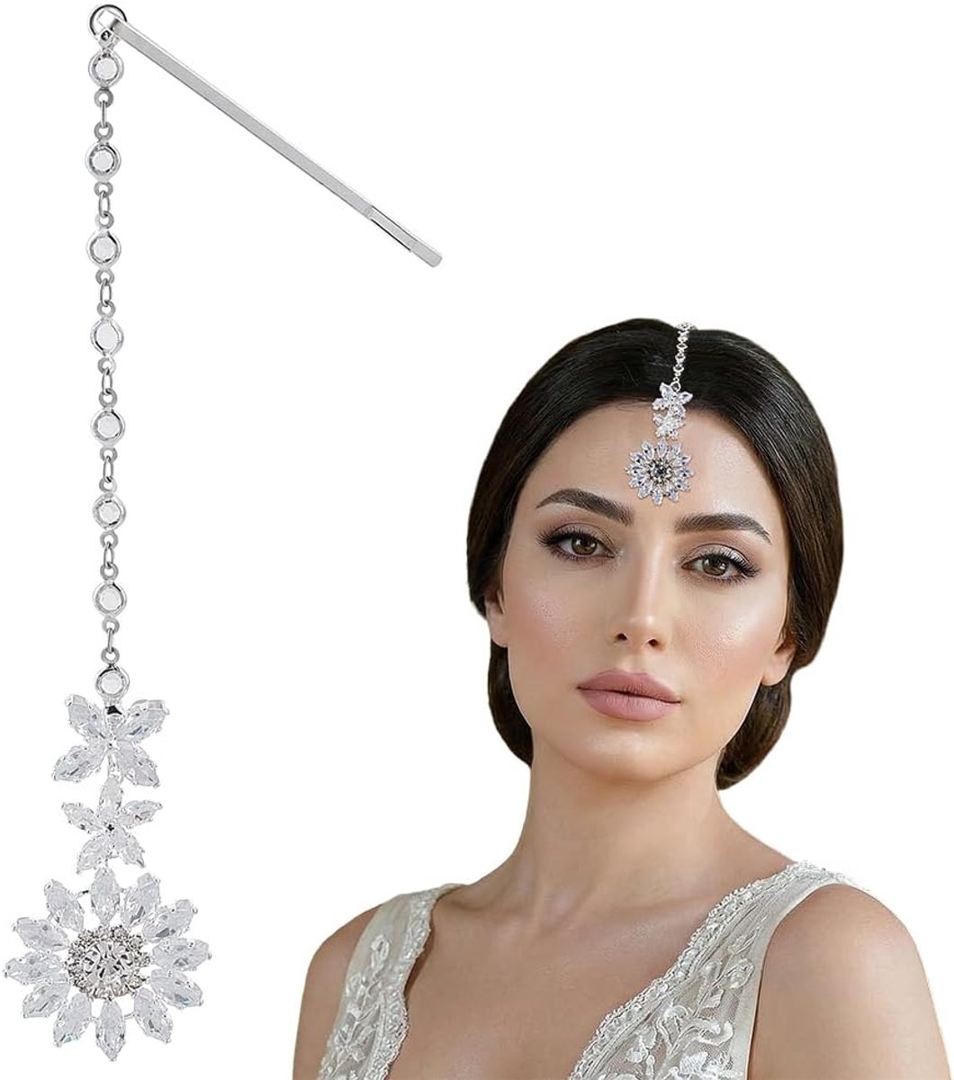 Strass Maang Tikka Hoofddeksel voor Vrouwen Metalen Haar Bobby Pins met Kristal Strass Bloem Indische Voorhoofd Kettingen Bruids Hoofddeksel voor Bruiloft Prom Party Hoofd