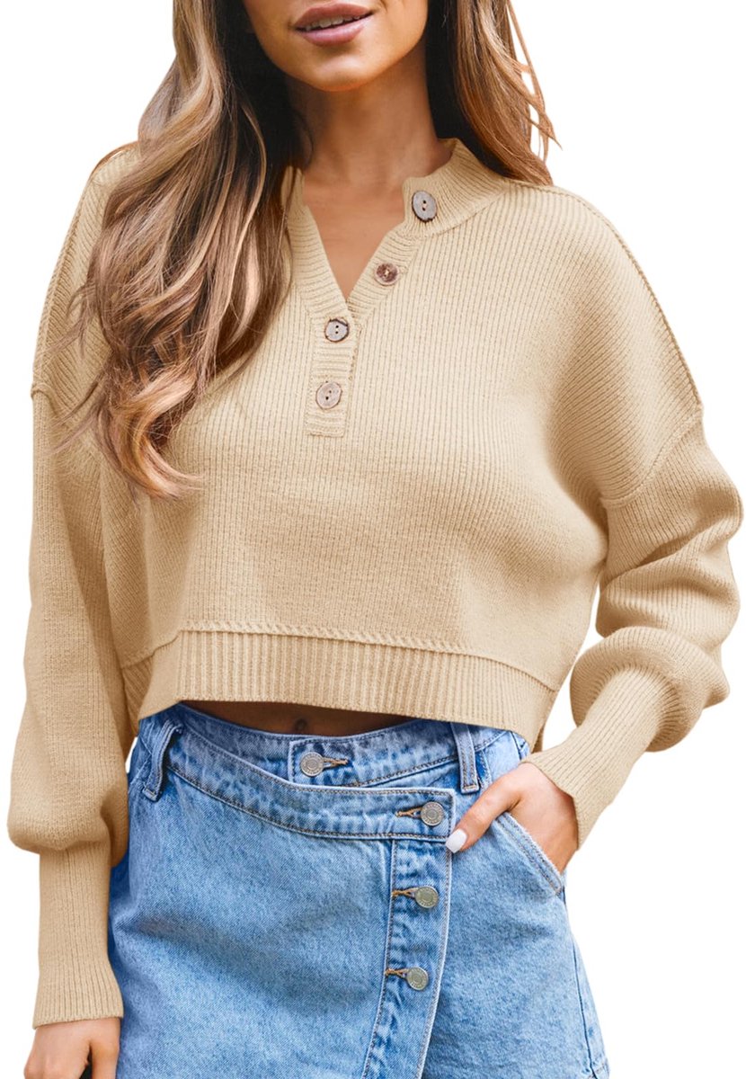 Damestrui met lange mouwen, V-hals, geribbelde gebreide trui, casual, elegante trui, tops